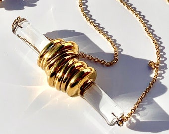 Glass Necklace Dipped in Gold - 14k Gold Fill Chain - Gold Luster Over Clear Glass - Handblown one of a Kind Fashion Necklace