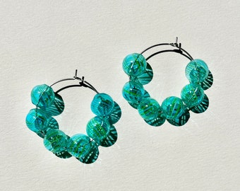 Teal Striped Halo Hoop Earring with Handblown Blue Glass Bubble Beads
