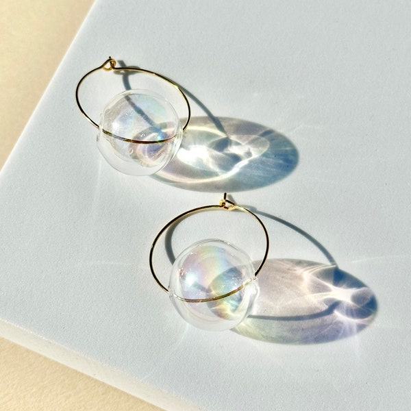 Solo Hoop Earring with Handblown Glass Bubble Bead in Pearl Luster