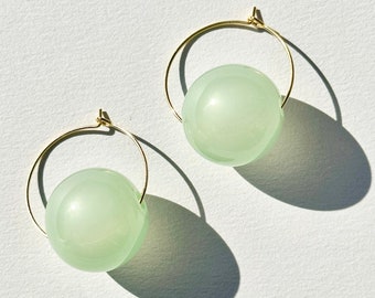 Solo Hoop Earring with Handblown Glass Bubble Bead in Jade Green