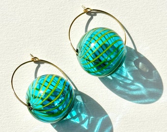 Solo Hoop Earring with Handblown Glass Bubble Bead in Turquoise and Yellow Stripes