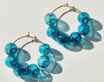 Sapphire Striped Halo Hoop Earring with Handblown Blue Glass Bubble Beads