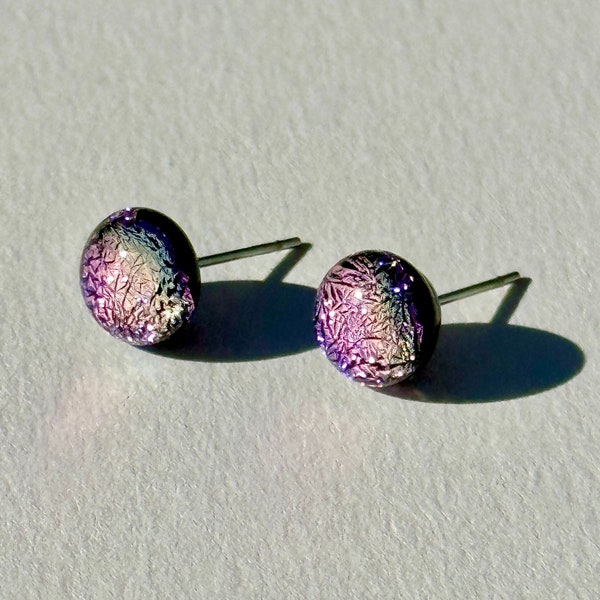 Glass Stud Earring in Magenta Pink | Handmade Fused Dichroic Glass