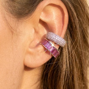 Gift for Her Ear Cuff Set | Ruby & Baby Pink Jewelry | Sterling Silver | No Piercing