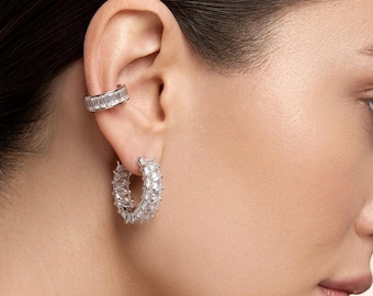 Bridal Jewelry Set Sterling Silver | Ear Cuff & CZ Hoop Earrings | Wedding Ear Cuff No Piercing | Baguette CZ Earrings | Bride Jewelry