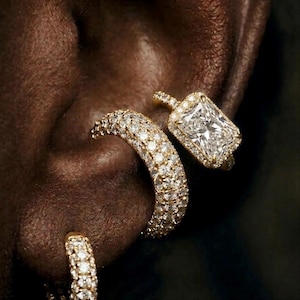 Gold Ear Cuff Set, Luxury Ear Cuff, Statement Ear Cuff, No Piercing Earring, Emerald Cut CZ Cuff, Old Money Jewelry