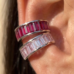 Rubin & Rose örhängen | Icke-piercing örhängen | Rodiumpläterat 925 sterlingsilver | Baguette kubisk zirkonia örhängen | Säljs styckvis eller som ett set