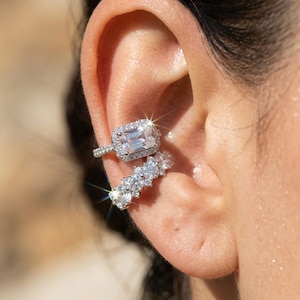 Halo Ear Cuff Set No Piercing 925 Silver | Emerald Cut Zirconia Conch Cuff | Engagement Ring Style Ear Stack | Sparkly Fake Piercing
