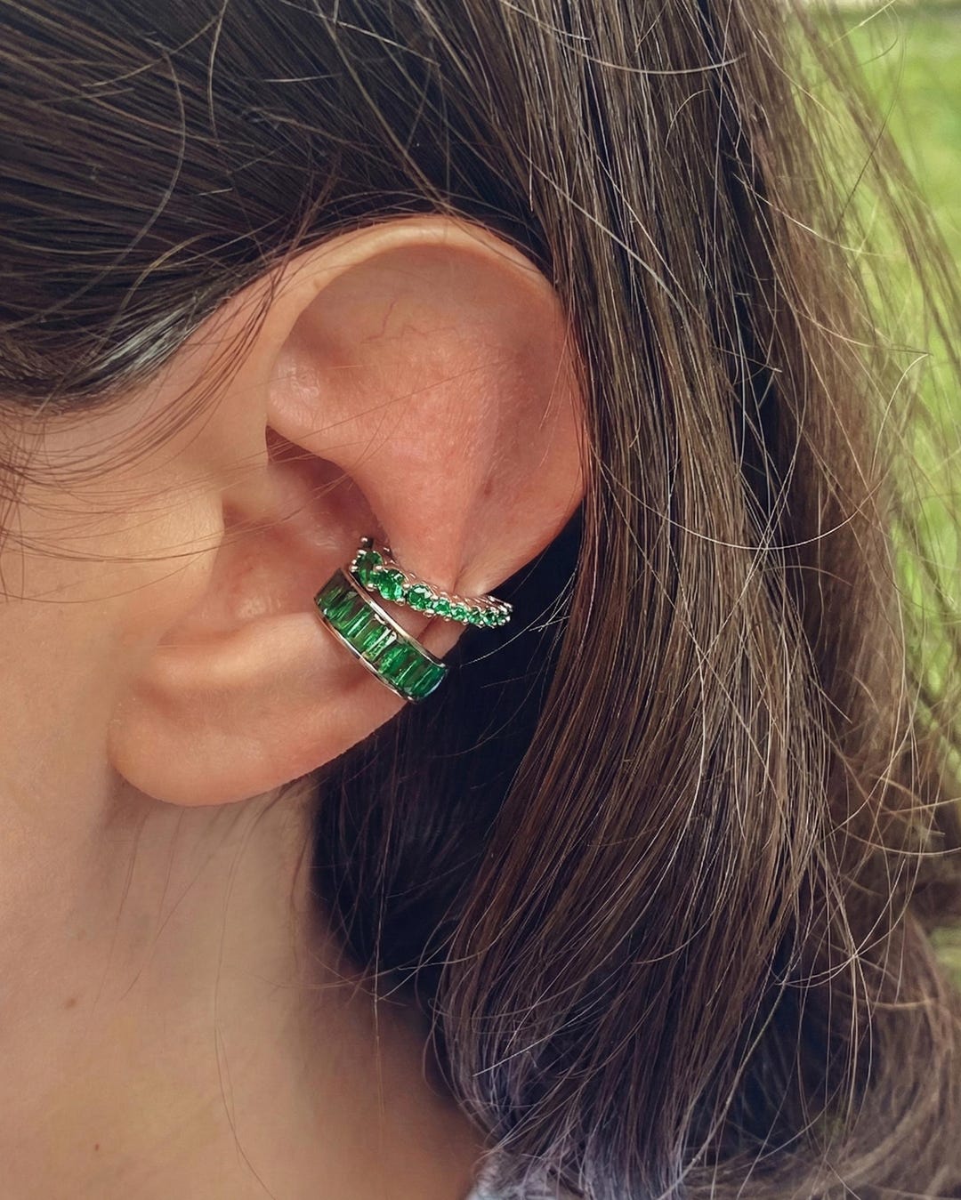 Emerald Ear Cuff Set in Sterling Silver – Green CZ Ear Stack, Baguette ...