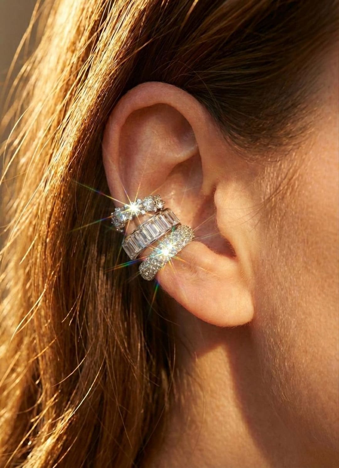 Silver Ear Cuff Set of 3, Stacked Ear Cuffs, Baguette Ear Cuff, Pavé ...