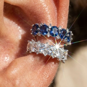 Sapphire & Diamond CZ Ear Stack Set Silver 925 | Christmas Gift for Her | 2 Pcs Conch Cuff Duo | Sparkling Holiday Jewelry No Piercing