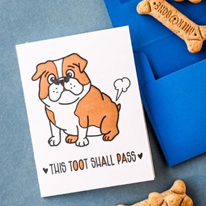 Lustige Beileidskarte - Furz Witz - süße Bulldogge Letterpress Karte - This Toot Sall Pass - Ermutigung - Für den besten Freund - Das Leben ist zum Kotzen - 2025