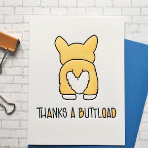 Niedliche Corgis Danke Letterpress Karte - Lustige Hundekarte - Lustige Dankeskarte - Danke eine Buttload - Hundebutt - Punny Karte von Kuss und Punsch