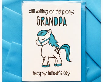 SALE Lustige Opa Letterpress Karte - süße Vatertags Karte - Warten auf dieses Pony - Dumme Papa Gramps Karte - Süße Opa Opa Pferd