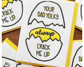 Dad Jokes Letterpress Card - Funny Father's Day Gift - Foodie Pun - Dad Yolks Crack Me Up - Egg Pun - Eco-Friendly Packaging Option A2