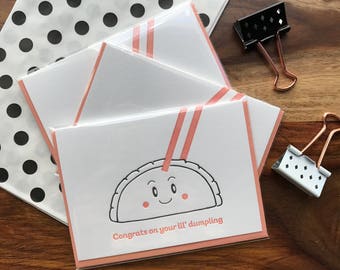 Funny Cute Baby | Expecting | Baby Shower Foodie Hand Drawn Lil' Dumpling Gyoza Letterpress Card | Eco-Friendly Packaging Option