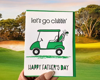 Carte typographique de papa de golf - fête des pères drôle - jeu de mots de golf - Let's Go Clubbin' - voiturette de golf - carte pour frère mari caddy ami A2