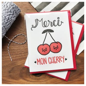 Grappige bedankkaart - Punny Food Card - Merci Mon Cherry - Franse woordspeling - Foodie Love - Milieuvriendelijke verpakkingsoptie - Punny Thanks Card A2
