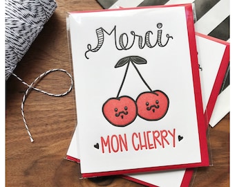 Funny Thank You Card - Punny Food Card - Merci Mon Cherry - French Pun - Foodie Love - Eco-Friendly Packaging Option - Punny Thanks Card A2