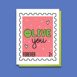 Jolie carte typographique olive You Forever - jeu de mots nourriture - carte de la Saint-Valentin drôle pour lui elle - carte je t'aime - tampon Style kawaii - A2