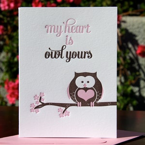 Cute Love Card Kawaii Owl Letterpress Pun Funny Valentine Message My Heart is Owl Yours Dating Anniversary Online Relationship image 2