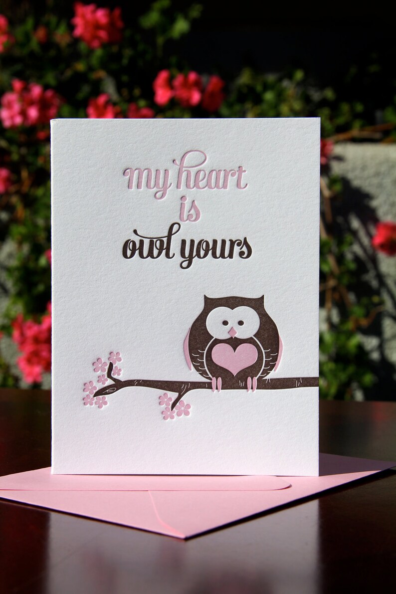 Cute Love Card Kawaii Owl Letterpress Pun Funny Valentine Message My Heart is Owl Yours Dating Anniversary Online Relationship image 2