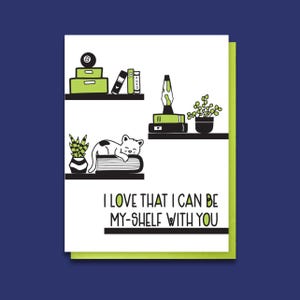 Niedliche Buch und Katzen Liebeskarte - Lustige Letterpress Valentinstag - Be My-Shelf - Buch Wortspiel - Introvert Romantik - Freundschaftskarte - Punny Karte A2
