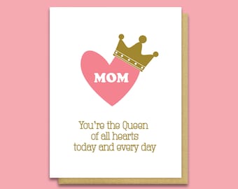 Queen of All Hearts Mom Letterpress Card - Cute Mother's Day Card - From Daughter -  Son - Husband Partner - Baby Mama - Mom's Birthday - A2