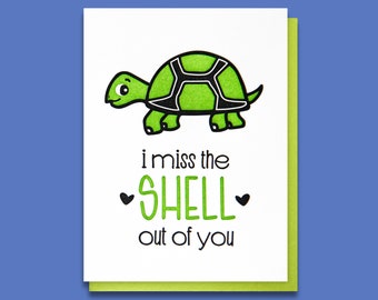 Missing You Letterpress Card - Cute Turtle Pun - Deployment Miss You Card - Miss the Shell Out of You - Long Distance - Deployment