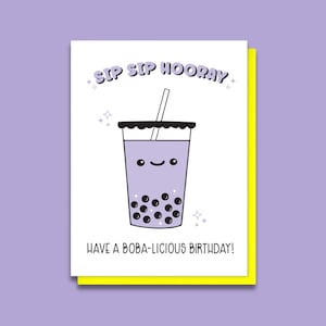 Cartão de aniversário engraçado Boba Letterpress - Sip Sip Hooray - Chá de bolhas de taro fofo - Cartão de aniversário engraçado - Desenho animado Kawaii Boba - Bolas de tapioca da moda