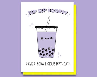 NEW* Funny Boba Birthday Letterpress Card - Sip Sip Hooray - Taro Bubble Tea - Punny Bday Card - Kawaii Boba Cartoon - Trendy Tapioca Balls