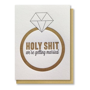 SALE - Lustige Bräutigam oder Braut-Tag der Hochzeit Karte | Holy shit we heiraten Diamant Ring Letterpress Karte | Kuss und Faust