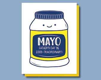 Carte drôle de fête des pères de Mayo - typographie Dad Jokes - papier A2 pour gourmets et oeuf - papeterie classique oeuf - option respectueuse de l'environnement