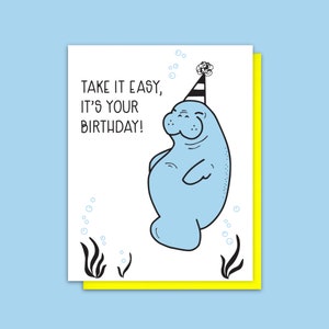 Süße Manatee Geburtstagskarte Letterpress - Lustige Florida Seekuh - Take it Easy - BFF Freund Geburtstag - Co-Worker - A2 Umweltfreundliche Verpackung