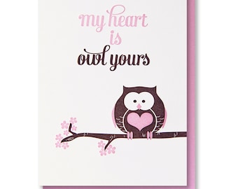 Cute Love Card - Kawaii Owl - Letterpress Pun - Funny Valentine Message - My Heart is Owl Yours - Dating Anniversary - Online Relationship