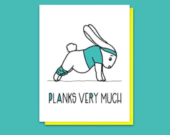 Planks Very Much - Card for Yogi - Funny Thank You Letterpress - Punny Bunny - Greeting Cards - Planks Yoga - Card for Instructor