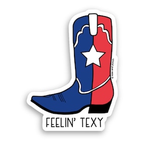 May include: A blue and red cowboy boot with a white star on the side. The boot is outlined in black and has a white background. The text "FEELIN' TEXY" is written below the boot.