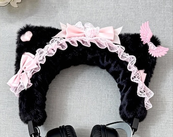 Fluffy Black Cat Ear Headphone cover with Pink Bow Ribbon charm, Headset headband covers