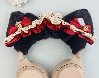 Black Cat Ear Headphone Cover with Bells, Fluffy Headphone Accessory