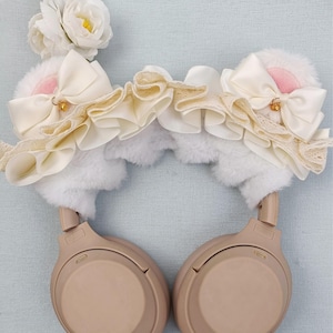 Bear Ears Bow Ribbon Bells Headphone cover, Fluffy Headset band cover, Headphone Accessory for Sony XM4, XM5, Airpods max, Bose