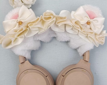 Bear Ears Headphone Cover with Bows and Bells, Fluffy Headset Accessory