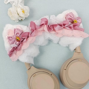 Fluffy Cat Ear Purple Bow Bells Headphone cover, Handmade Headset band cover, Headphone Accessory for Sony XM4,XM5, Airpods max, Bose, Gifts