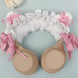 Adorable Fluffy Cat Ears Bow Ribbon Headphone cover, Headset band cover, Headphone Accessories for Sony XM4, XM5, Airpods max, Bose, Gifts