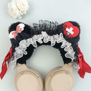 Fluffy Black Cat Ear Headphone cover, Headphone headband cover Bow, Headphone Accessories for Sony XM4, XM5, Airpods max, Bose