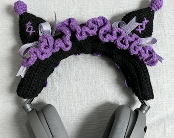 Crocheted Purple Headphone Cover with Ribbon bow, Headset headband covers, Headphone accessories