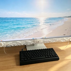 May include: A computer monitor featuring a white decorative frame adorned with lace, ribbons, and sculpted angel wings on the bottom corners. The screen displays a beach scene with blue water and sand. A black mechanical keyboard sits in front.