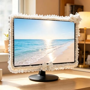 White Bow Ribbon Flowers Monitor Decoration, Adhesive PC Screen Decor
