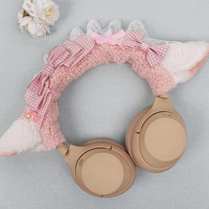 Pink Lamb Ears Bow Headphone Cover, Headset Headband Cover Lace, Headphone Accessories, for Sony XM4, XM5, Airpods max, Bose, Gift for her