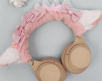 Pink Lamb Ears Headphone Cover, Lace Bow Headband, Plush Headset Accessory
