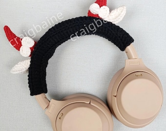 Crochet Red Horns Headphone Cover with Bow, Custom Color